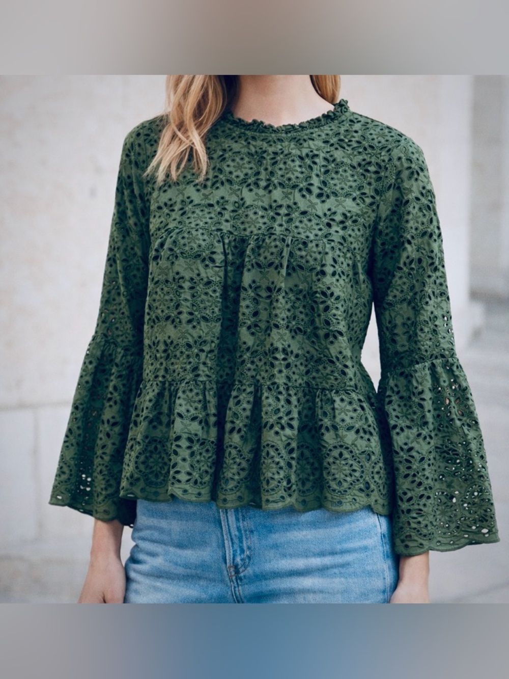 Veronica Beard Emmalyn Eyelet Flounce Top Green - Ruffle Peplum/Bell Sleeve - 6